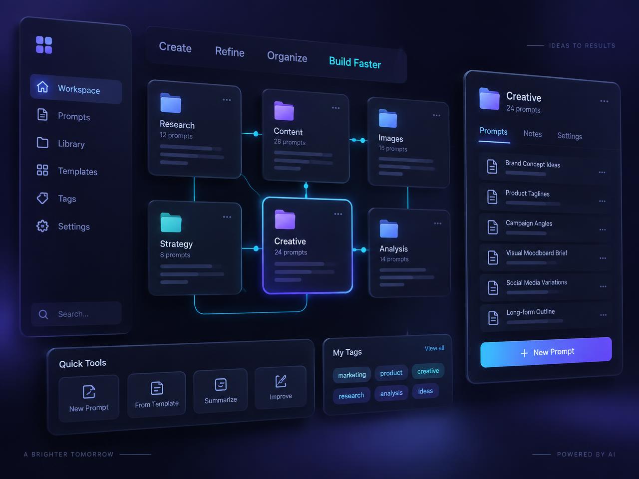 Illustration of an organized AI prompt workspace with prompt folders, tags, and reusable templates